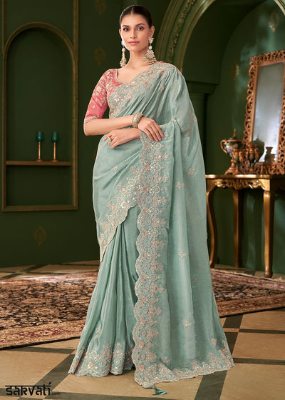Light Blue Viscose Georgette Silk Saree with Thread & Sequin Work