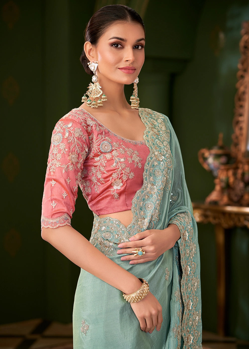 Light Blue Viscose Georgette Silk Saree with Thread & Sequin Work