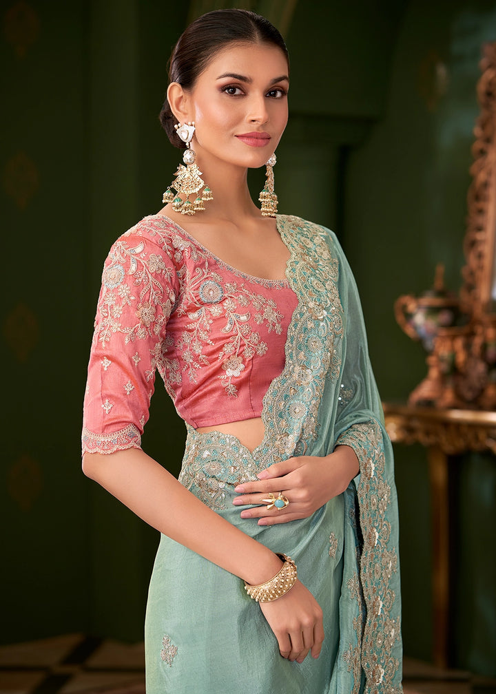 Light Blue Viscose Georgette Silk Saree with Thread & Sequin Work