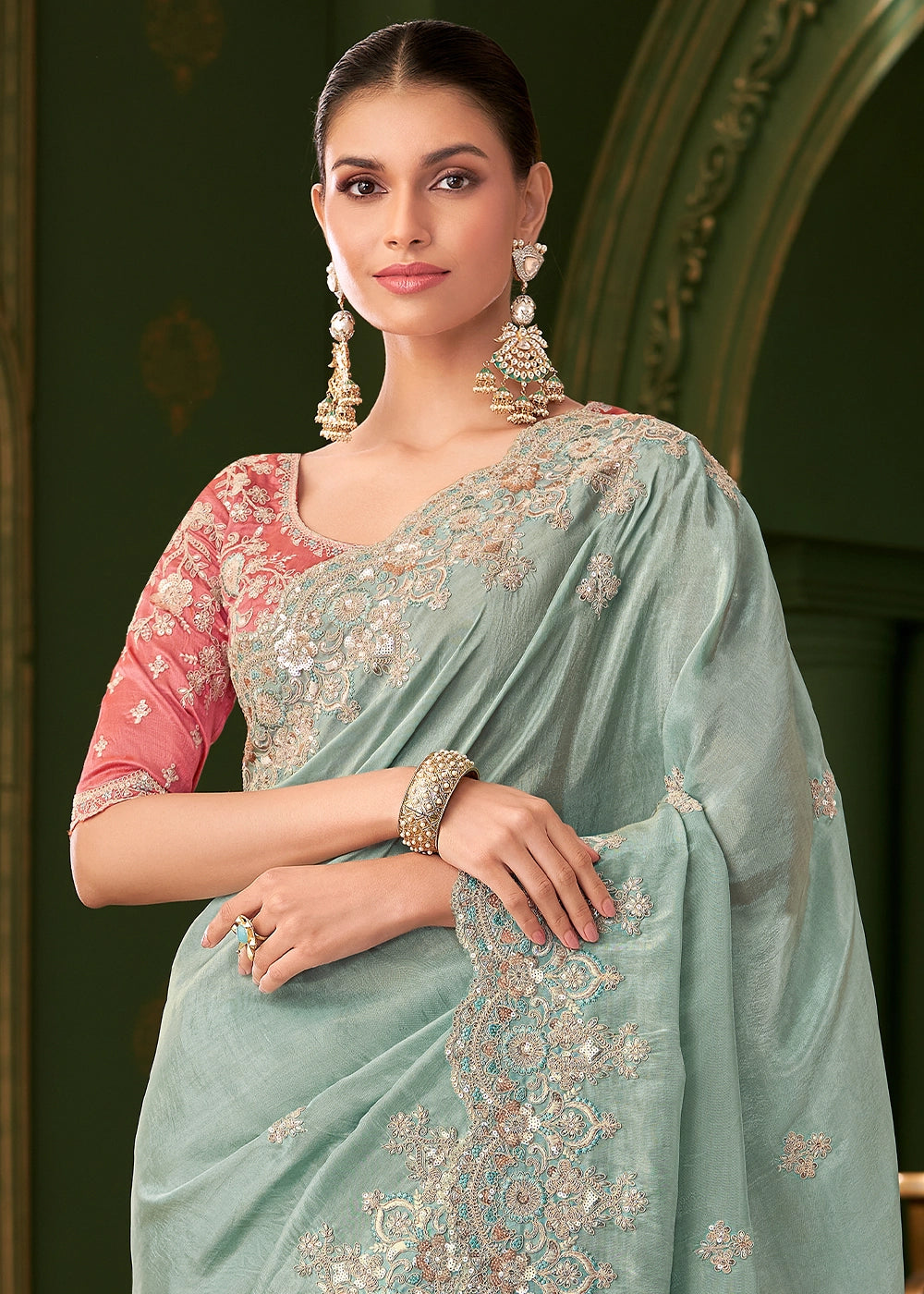 Light Blue Viscose Georgette Silk Saree with Thread & Sequin Work
