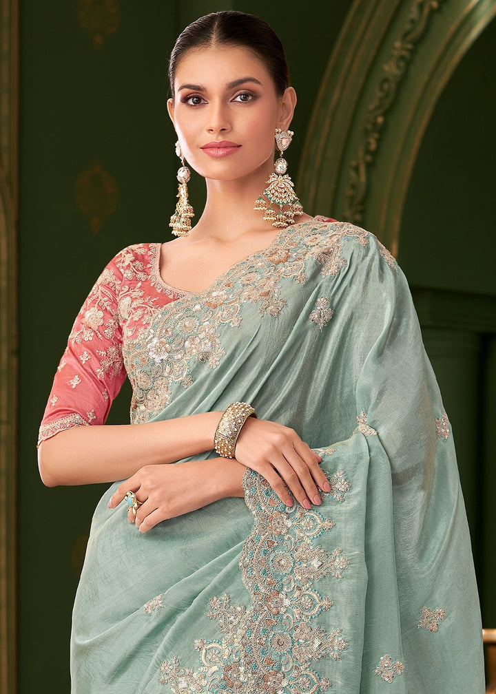 Light Blue Viscose Georgette Silk Saree with Thread & Sequin Work