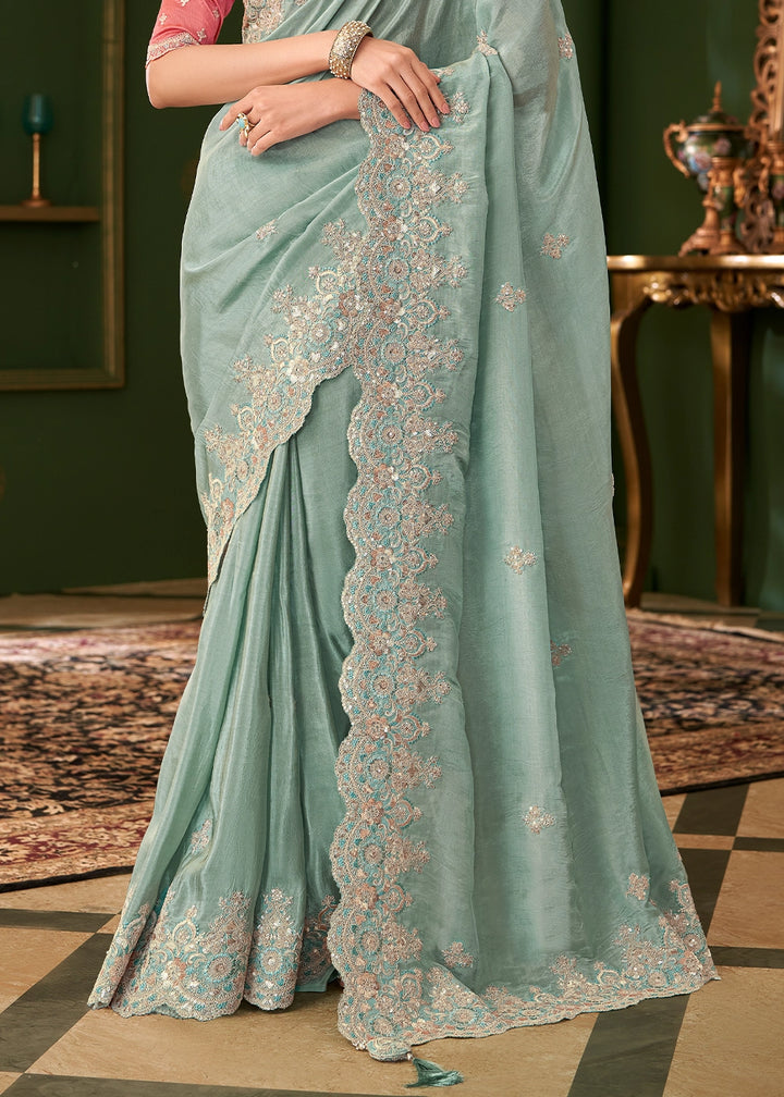 Light Blue Viscose Georgette Silk Saree with Thread & Sequin Work