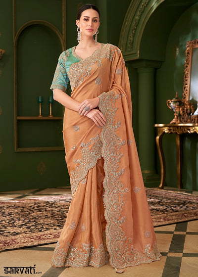 Cantaloupe Orange Viscose Georgette Silk Saree with Thread & Sequin Work