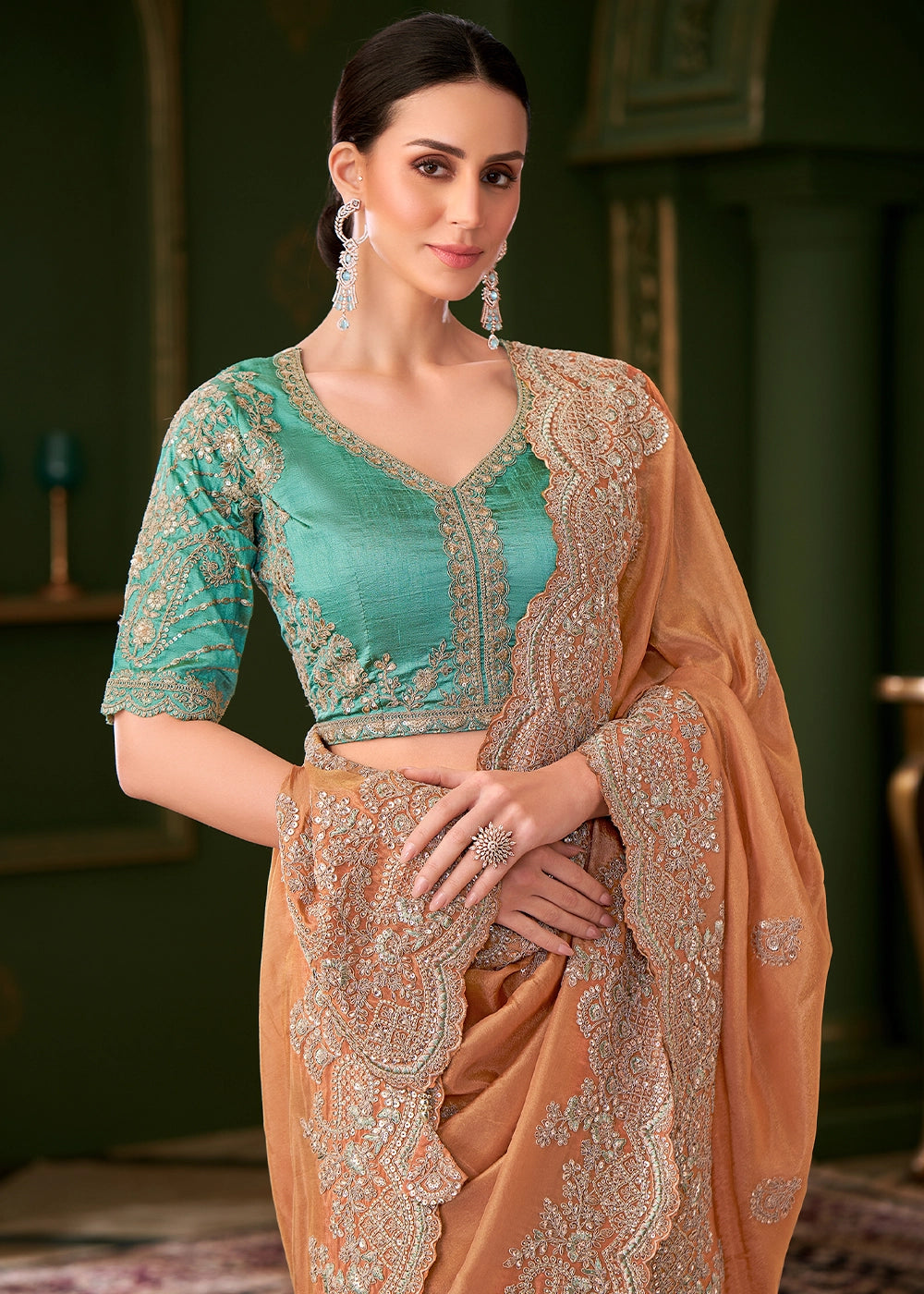 Cantaloupe Orange Viscose Georgette Silk Saree with Thread & Sequin Work