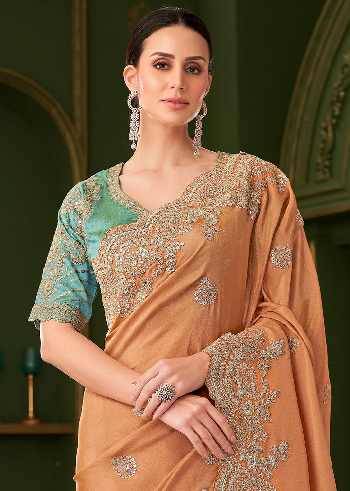 Cantaloupe Orange Viscose Georgette Silk Saree with Thread & Sequin Work