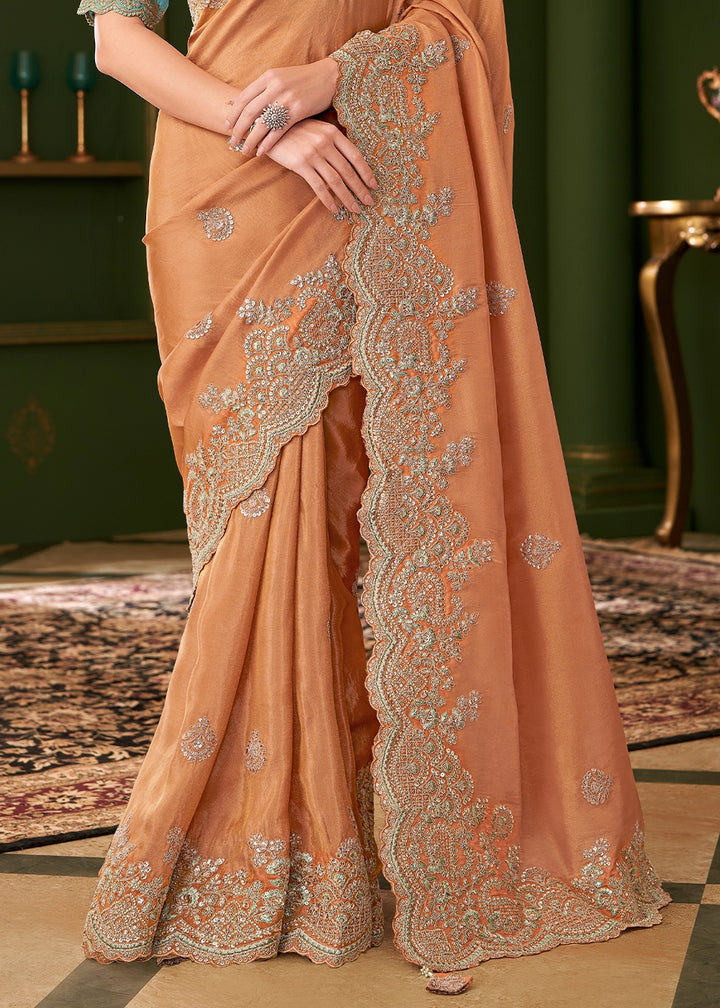 Cantaloupe Orange Viscose Georgette Silk Saree with Thread & Sequin Work