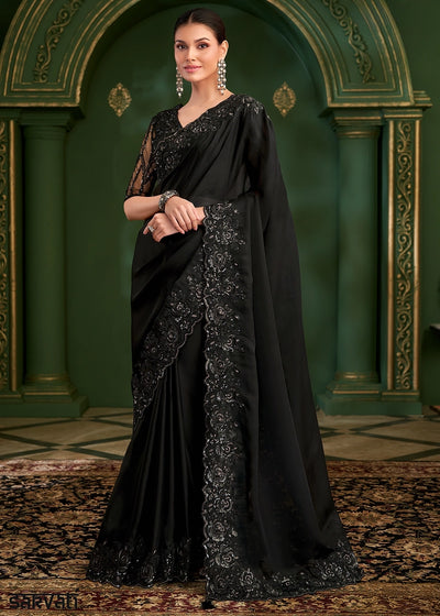 Onyx Black Georgette Silk Saree with Thread & Sequin Work