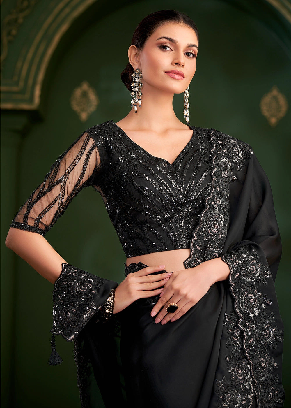 Onyx Black Georgette Silk Saree with Thread & Sequin Work