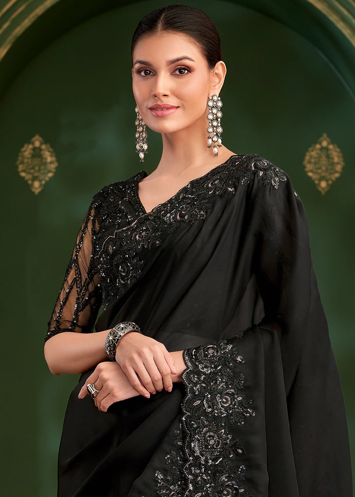 Onyx Black Georgette Silk Saree with Thread & Sequin Work
