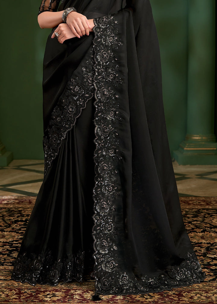Onyx Black Georgette Silk Saree with Thread & Sequin Work