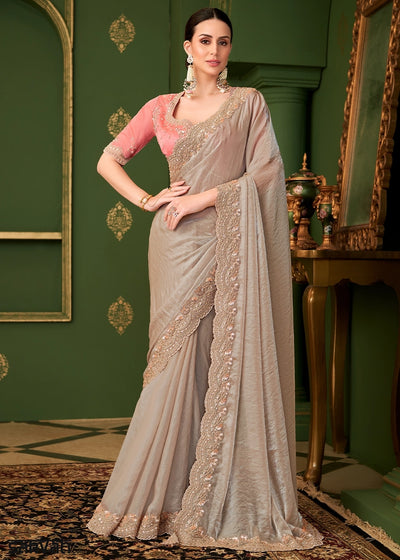 Chikoo Brown Satin Georgette Silk Saree with Thread & Sequin Work