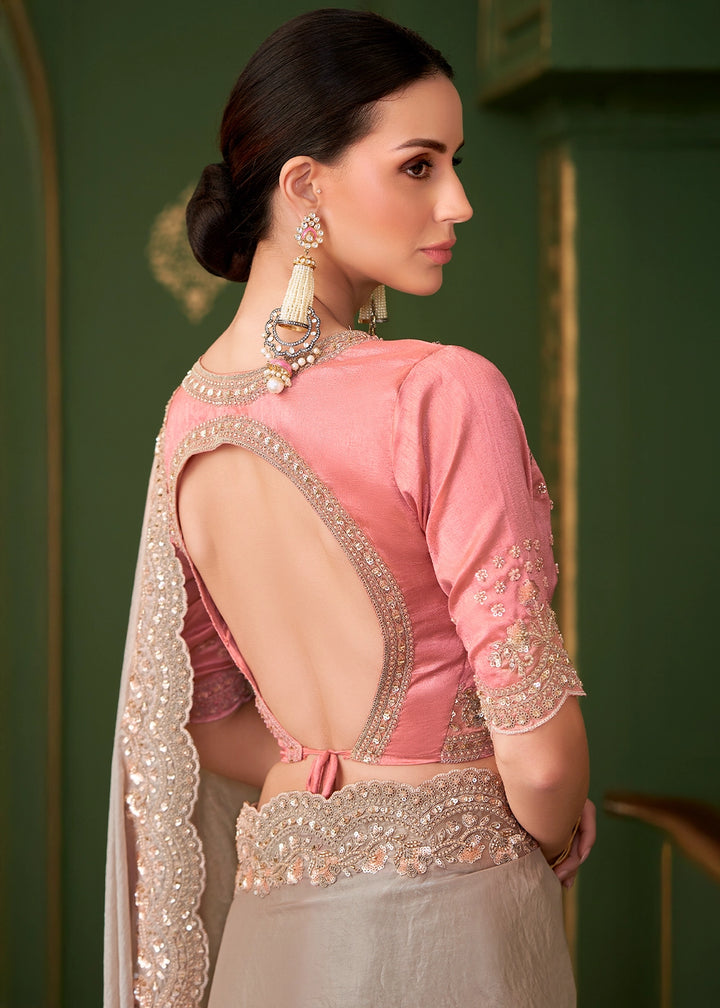 Chikoo Brown Satin Georgette Silk Saree with Thread & Sequin Work