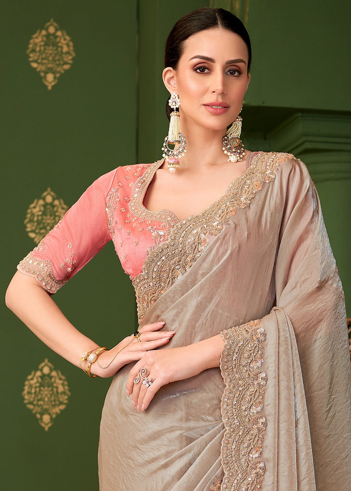 Chikoo Brown Satin Georgette Silk Saree with Thread & Sequin Work