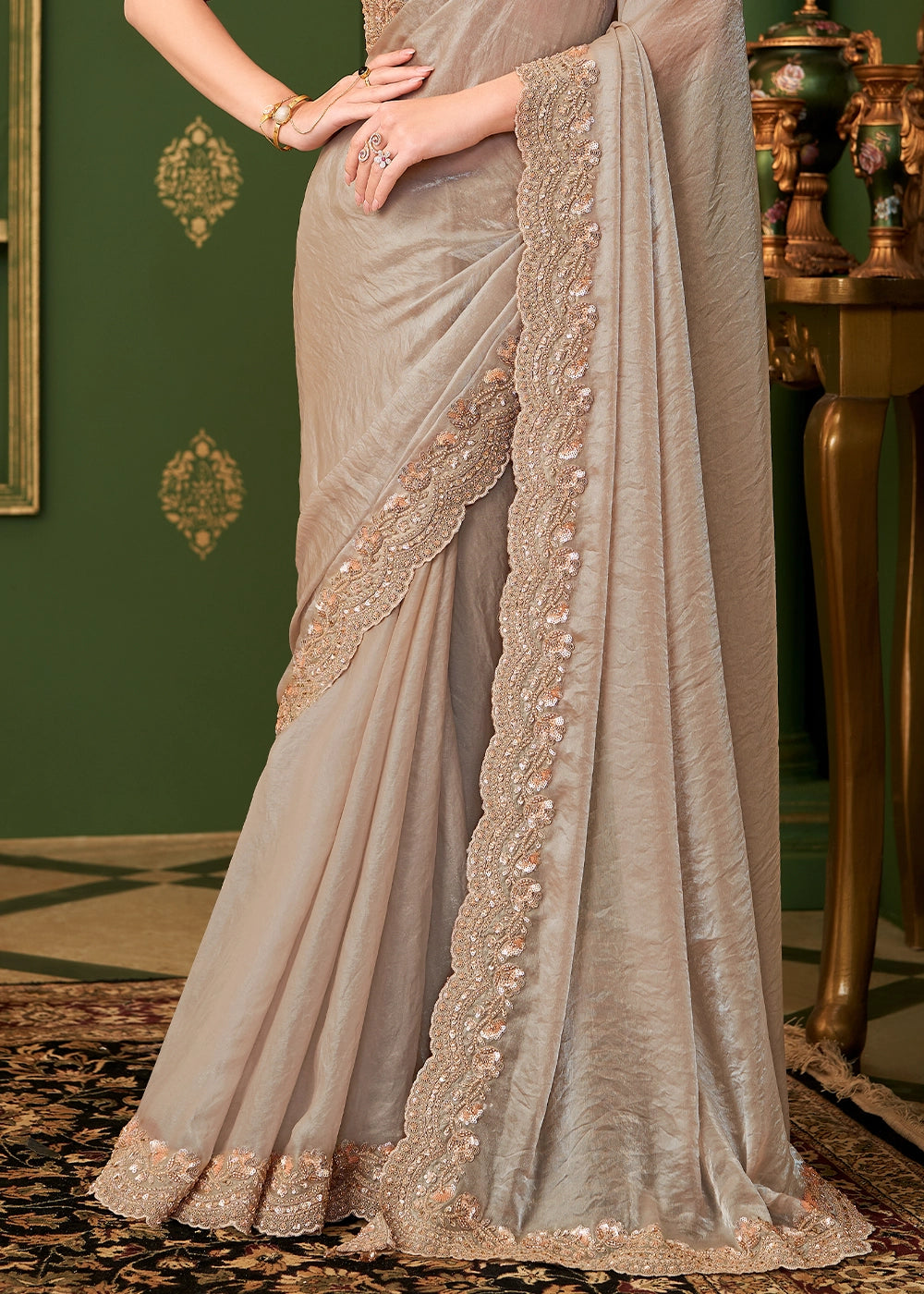 Chikoo Brown Satin Georgette Silk Saree with Thread & Sequin Work