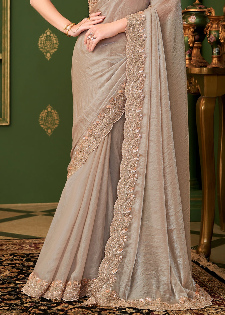 Chikoo Brown Satin Georgette Silk Saree with Thread & Sequin Work