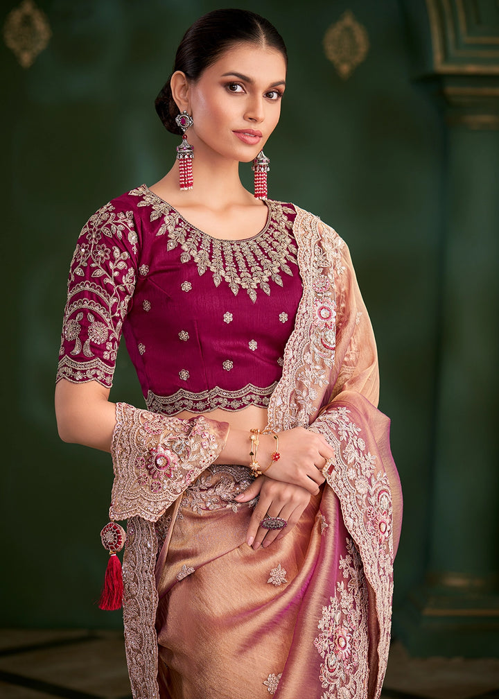 Shaded Orange Pink Georgette Silk Saree with Thread & Sequin Work