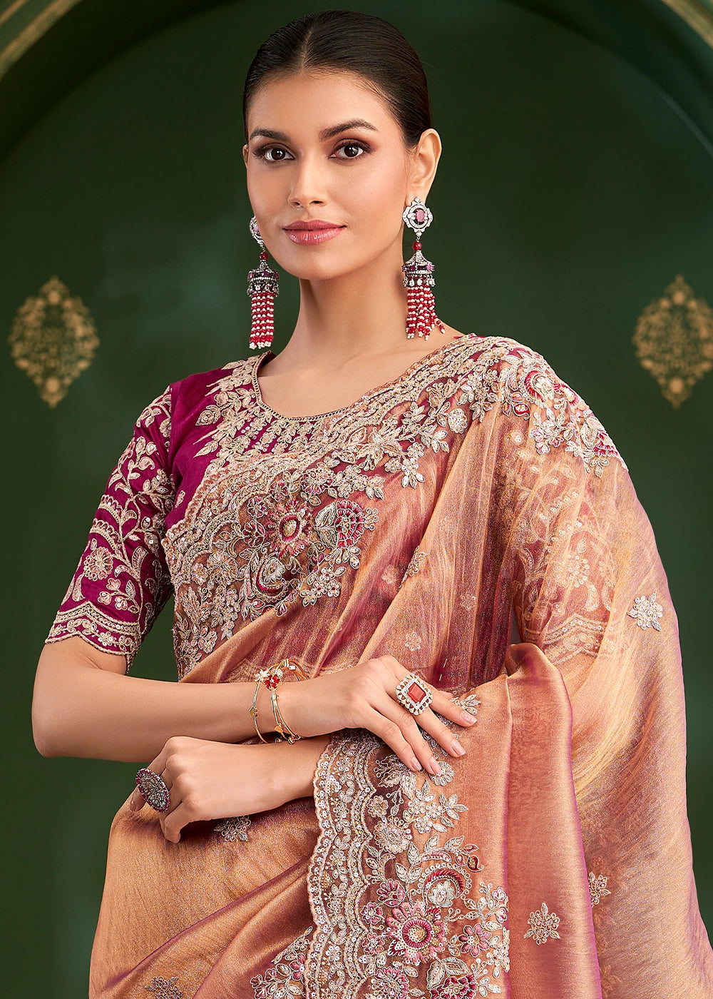 Shaded Orange Pink Georgette Silk Saree with Thread & Sequin Work