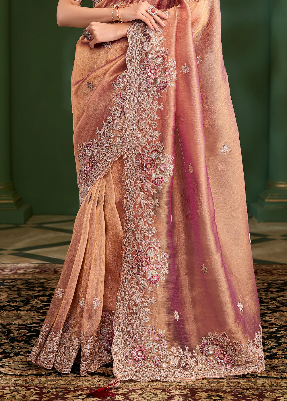 Shaded Orange Pink Georgette Silk Saree with Thread & Sequin Work