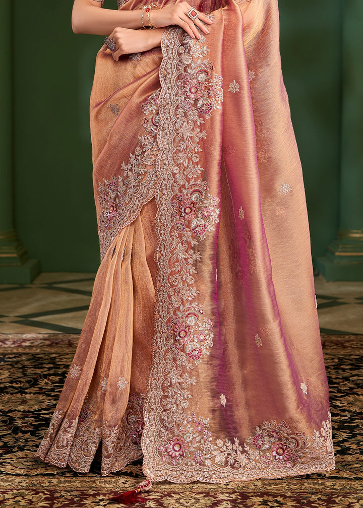 Shaded Orange Pink Georgette Silk Saree with Thread & Sequin Work