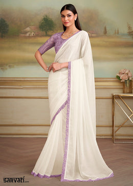 Pearl White Georgette Saree with Designer Embroidered Blouse