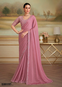 Pink Purple Georgette Saree with Designer Embroidered Blouse