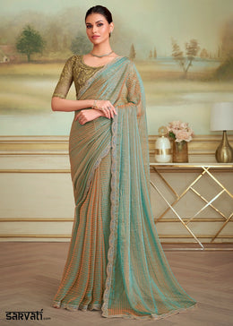 Blue & Brown Shaded Georgette Saree with Designer Embroidered Blouse