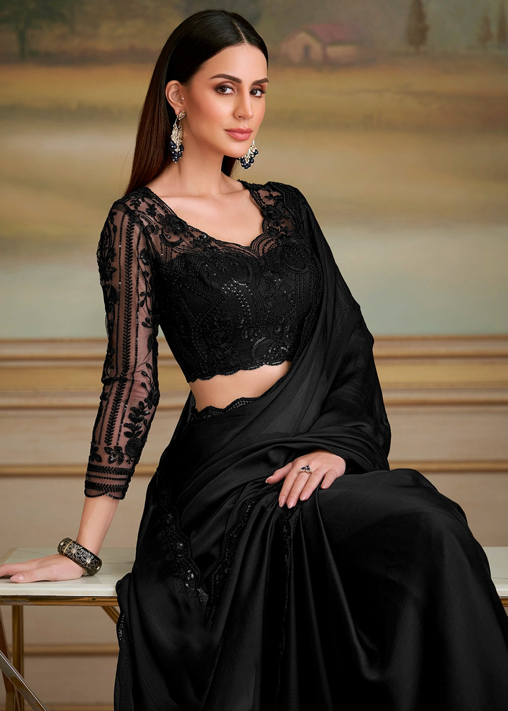 Pebble Black Chiffon Saree with Designer Embroidered Blouse