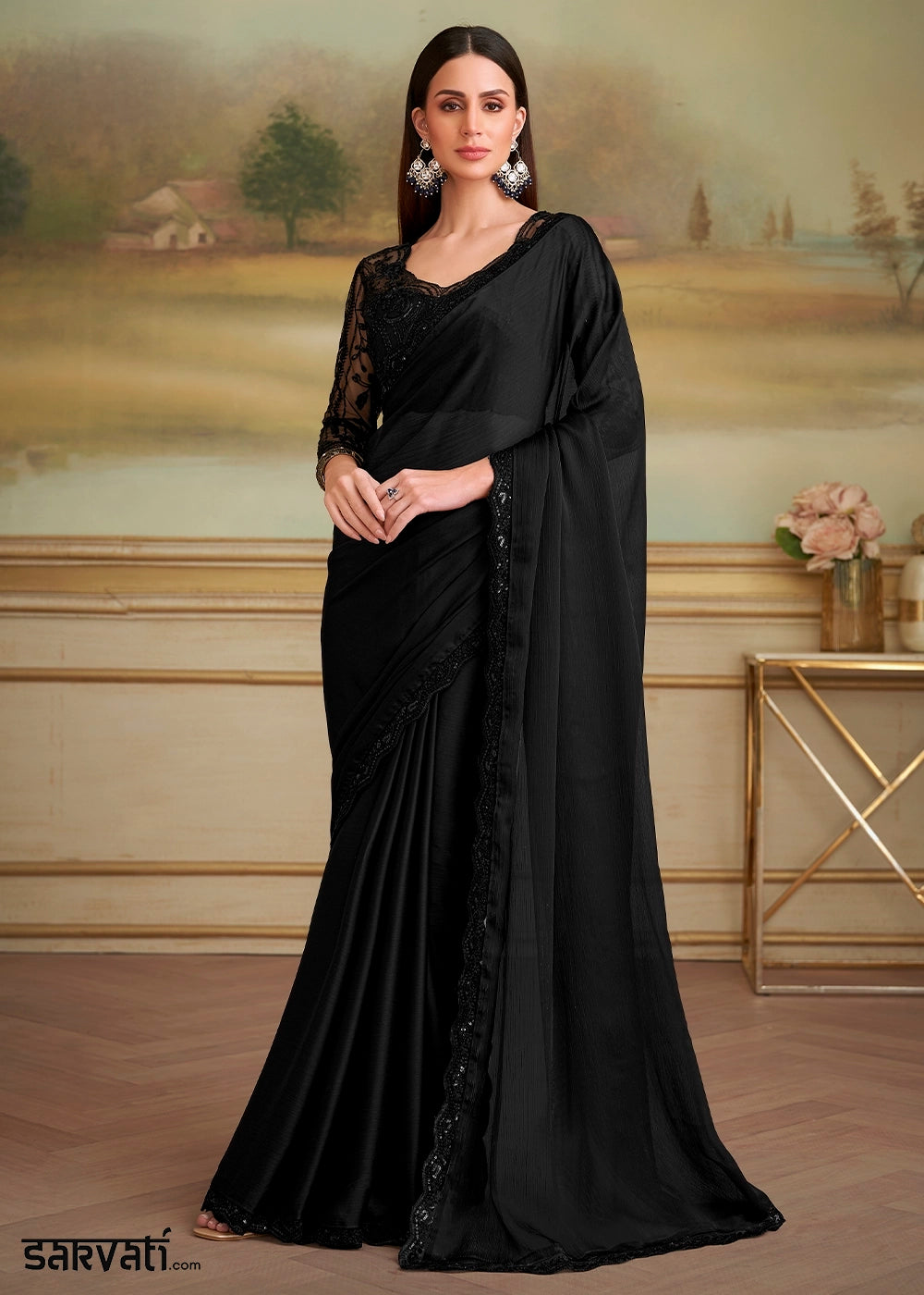 Pebble Black Chiffon Saree with Designer Embroidered Blouse