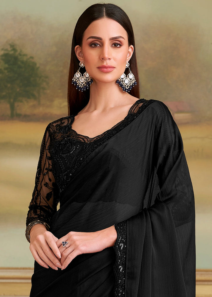Pebble Black Chiffon Saree with Designer Embroidered Blouse