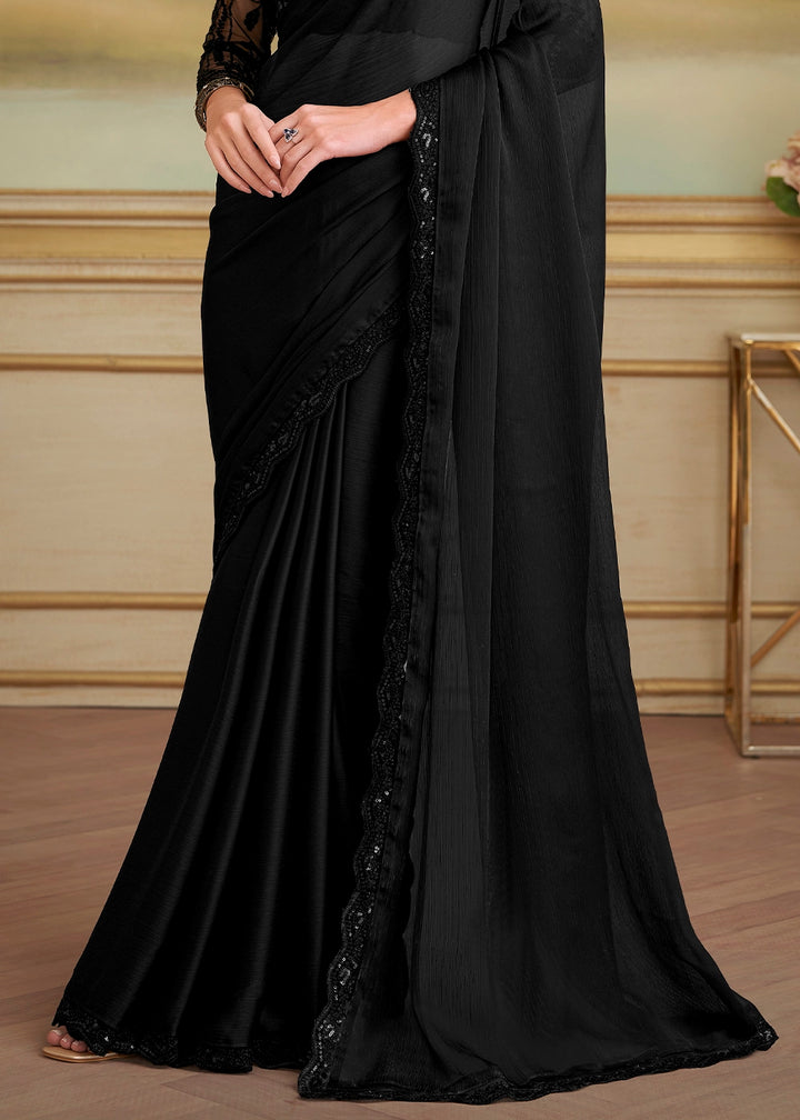 Pebble Black Chiffon Saree with Designer Embroidered Blouse
