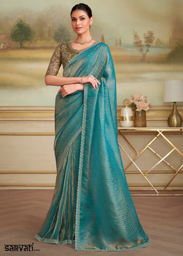 Cyan Blue Georgette Saree with Designer Embroidered Blouse