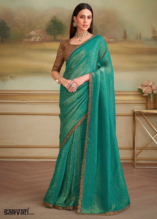 Persian Green Georgette Saree with Designer Embroidered Blouse