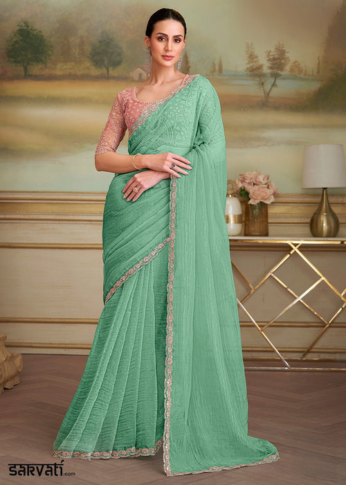 Celadon Green Georgette Saree with Designer Embroidered Blouse