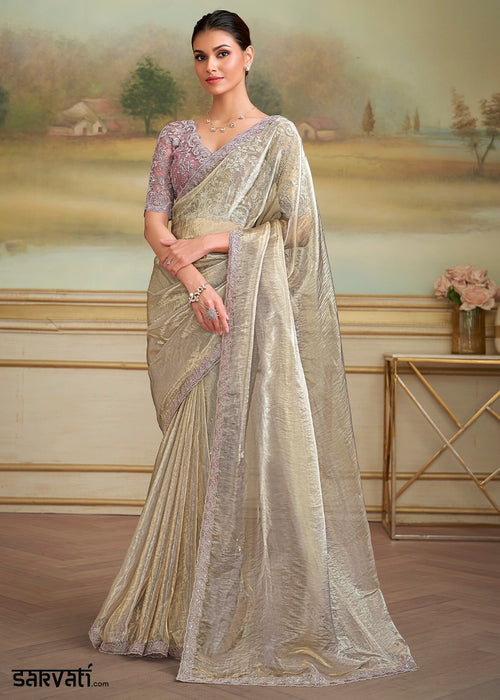 Greyish Brown Georgette Saree with Designer Embroidered Blouse