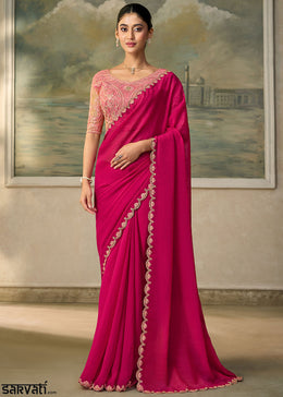 French Pink Georgette Saree with Shimmer-Embroidered Tussar Silk Blouse