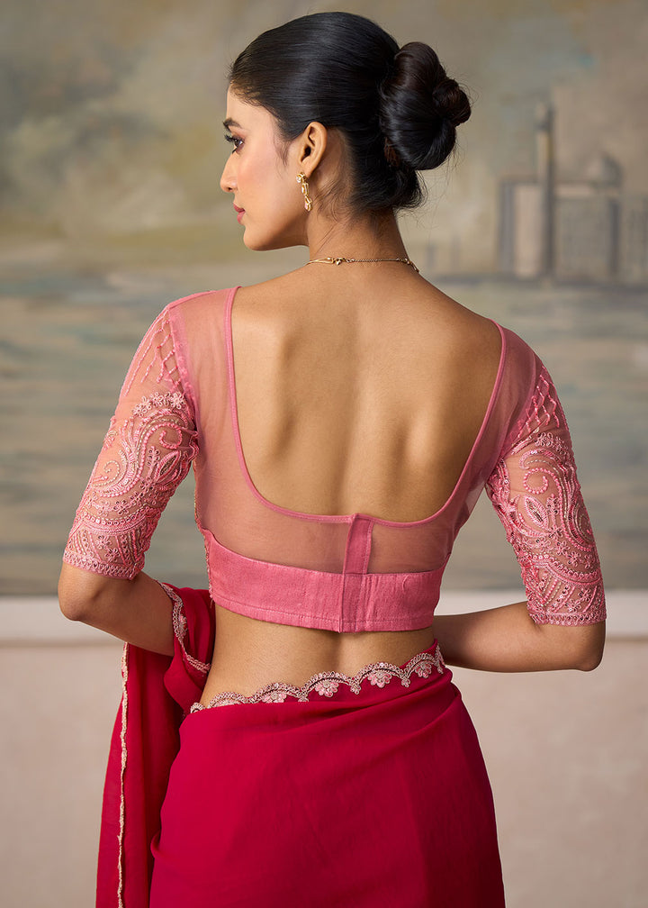 French Pink Georgette Saree with Shimmer-Embroidered Tussar Silk Blouse