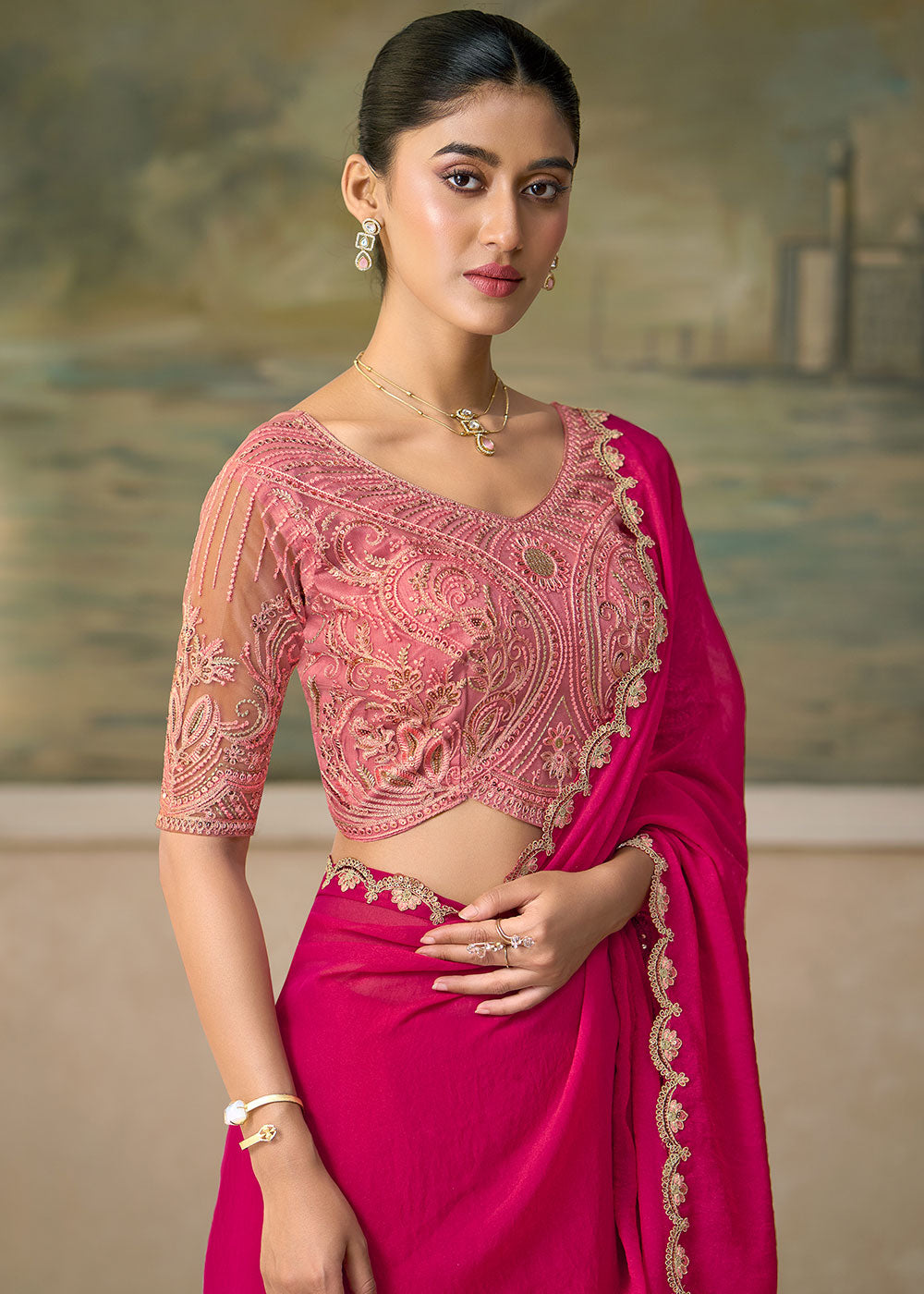 French Pink Georgette Saree with Shimmer-Embroidered Tussar Silk Blouse