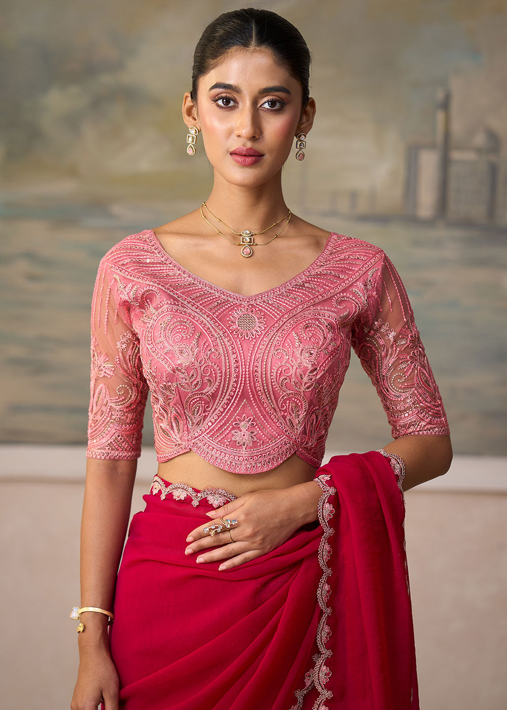 French Pink Georgette Saree with Shimmer-Embroidered Tussar Silk Blouse