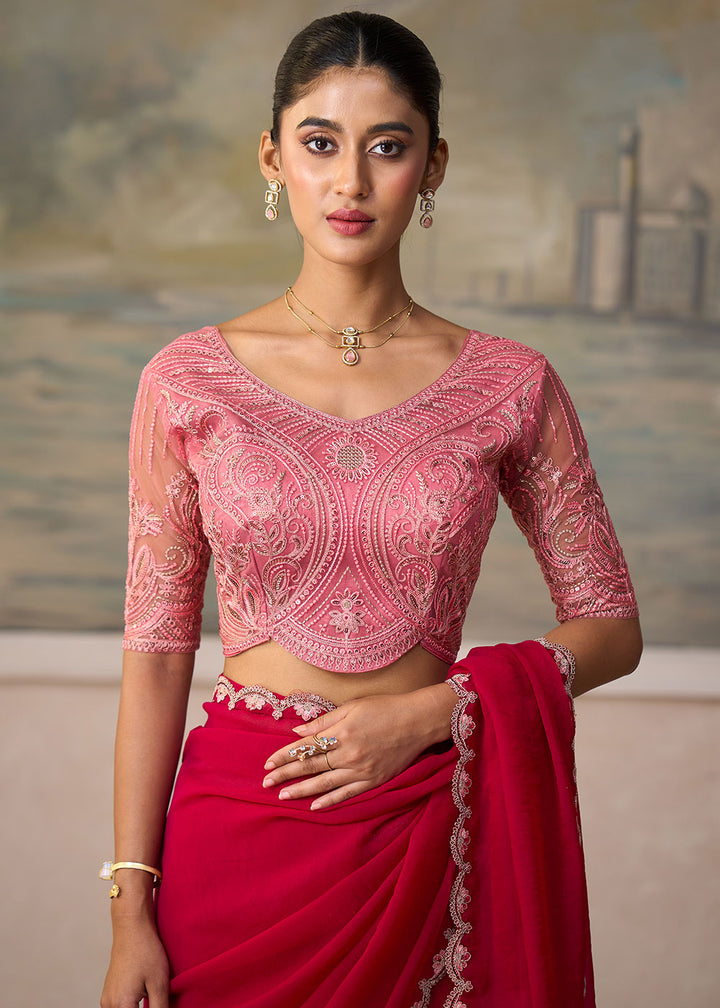 French Pink Georgette Saree with Shimmer-Embroidered Tussar Silk Blouse