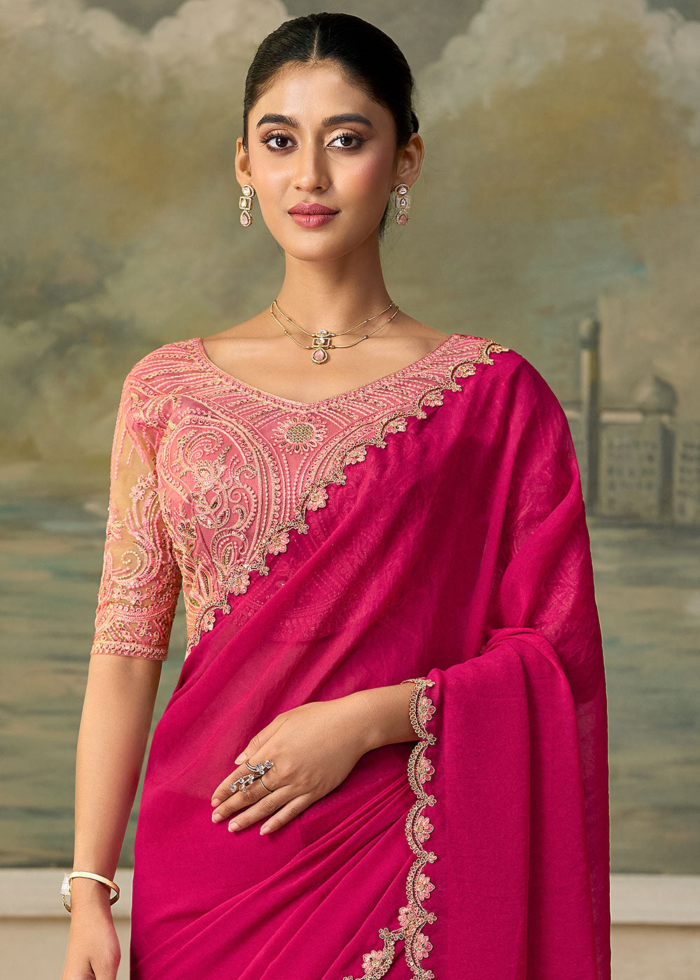 French Pink Georgette Saree with Shimmer-Embroidered Tussar Silk Blouse