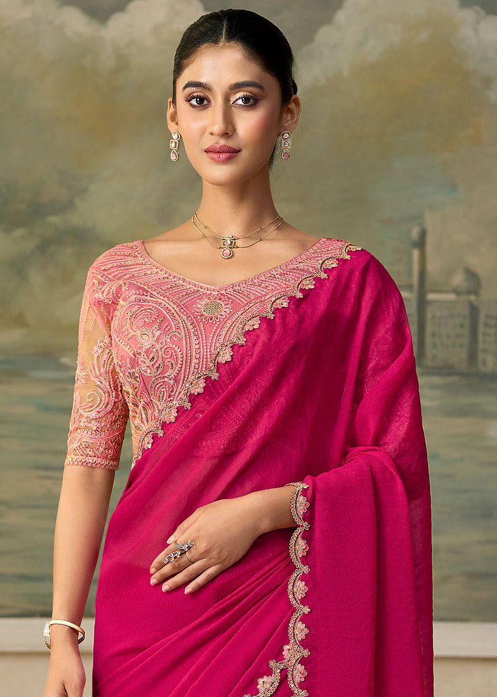 French Pink Georgette Saree with Shimmer-Embroidered Tussar Silk Blouse