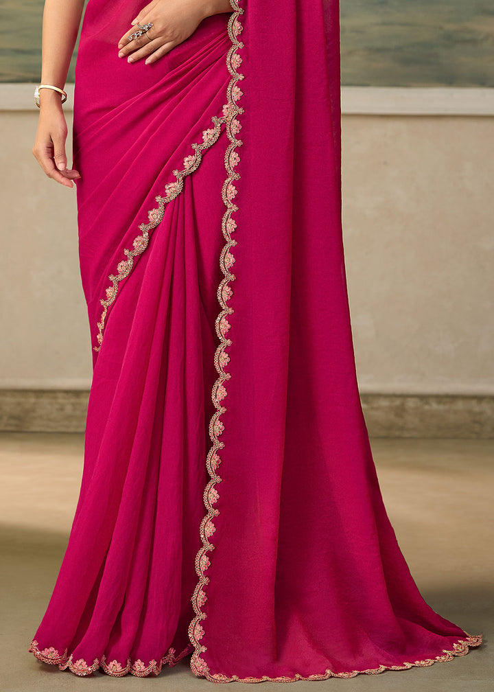 French Pink Georgette Saree with Shimmer-Embroidered Tussar Silk Blouse