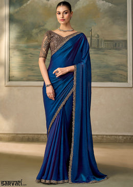 Midnight Blue Satin Silk Saree with Shimmer-Embroidered Tussar Silk Blouse