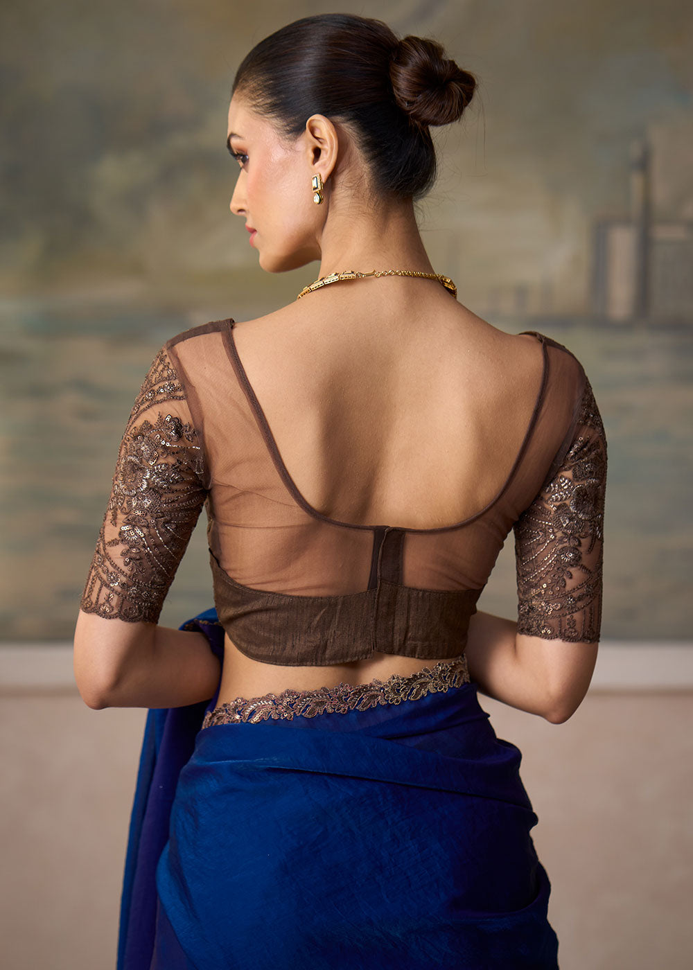 Midnight Blue Satin Silk Saree with Shimmer-Embroidered Tussar Silk Blouse