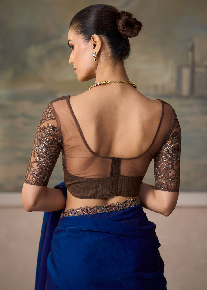 Midnight Blue Satin Silk Saree with Shimmer-Embroidered Tussar Silk Blouse