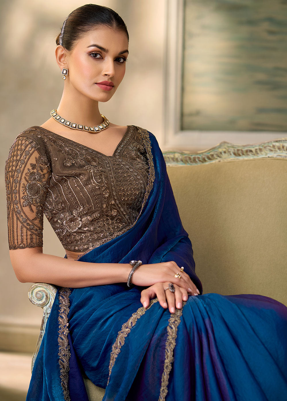Midnight Blue Satin Silk Saree with Shimmer-Embroidered Tussar Silk Blouse