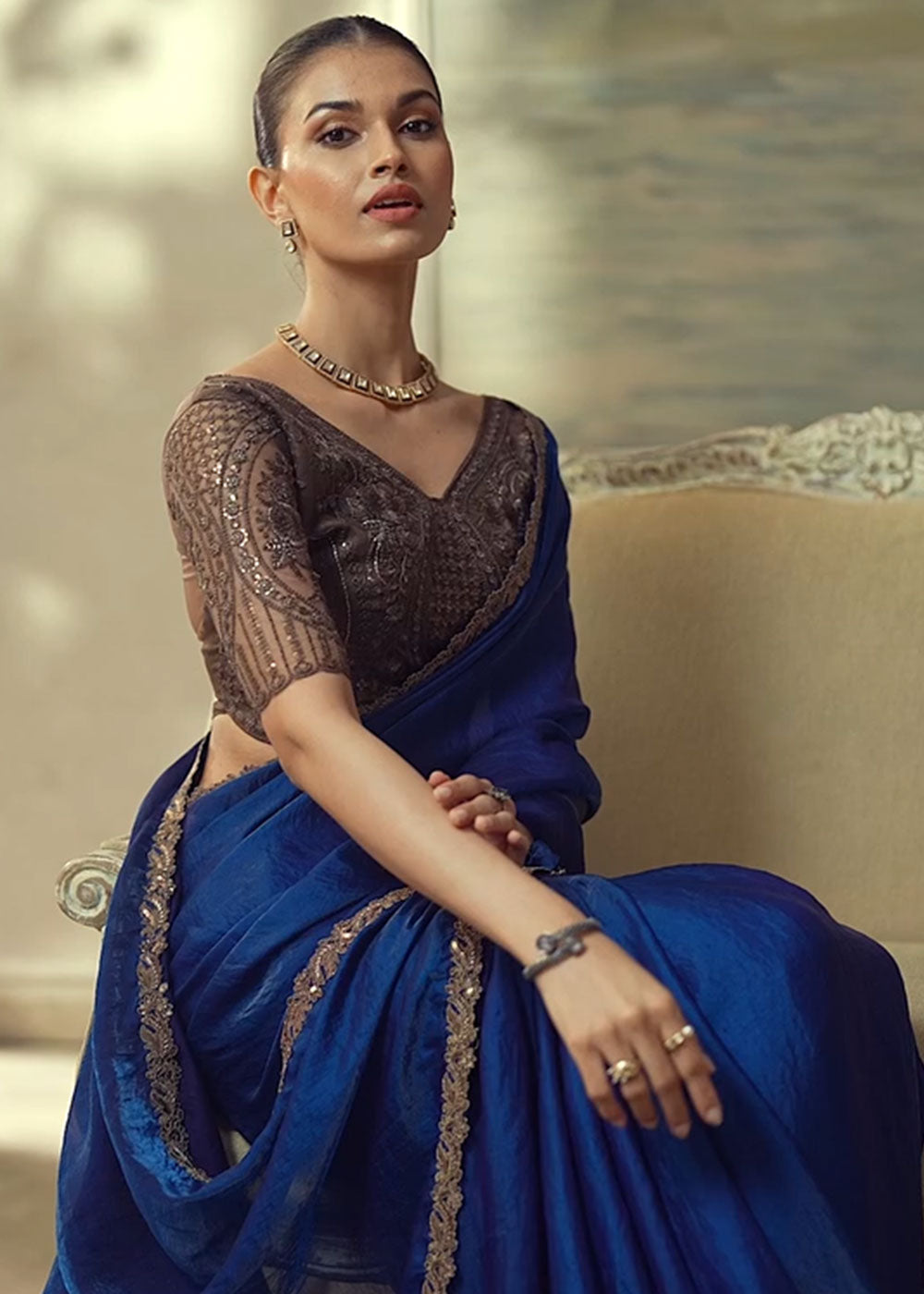 Midnight Blue Satin Silk Saree with Shimmer-Embroidered Tussar Silk Blouse