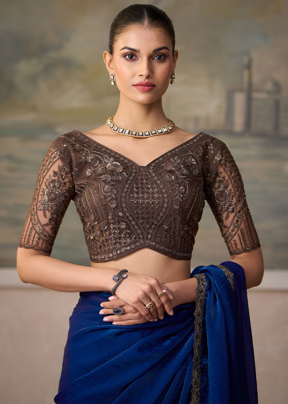 Midnight Blue Satin Silk Saree with Shimmer-Embroidered Tussar Silk Blouse