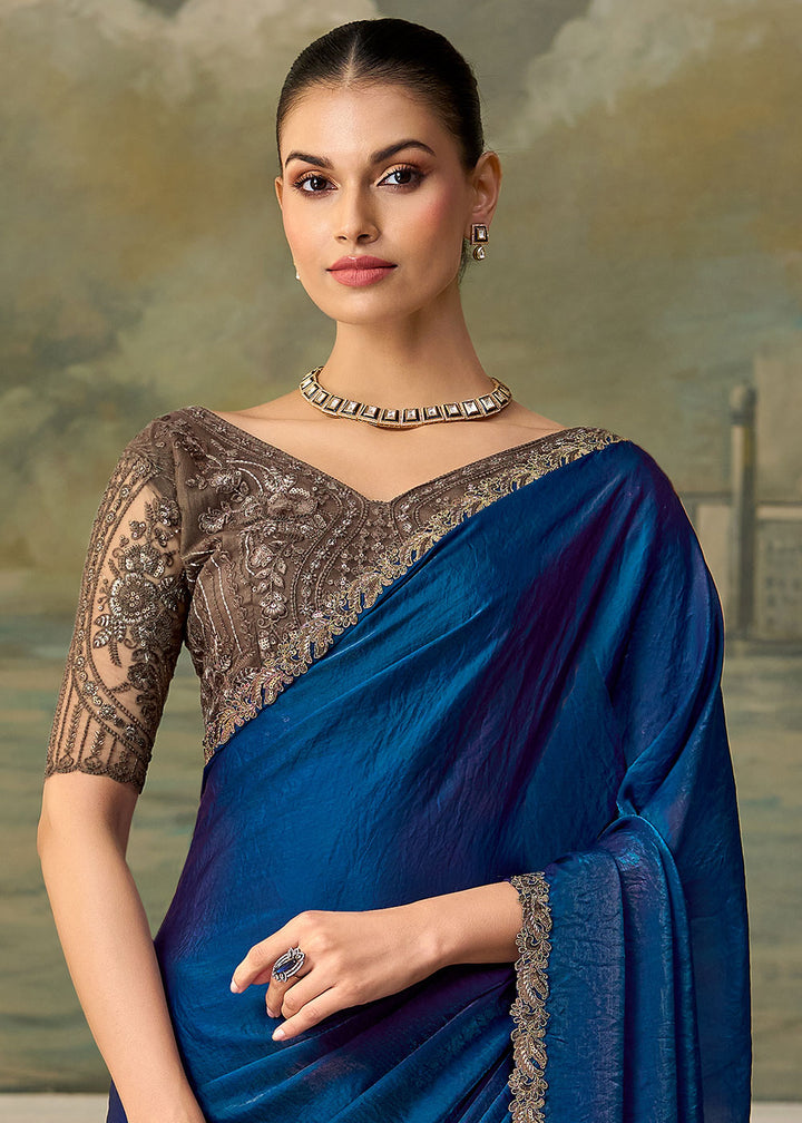Midnight Blue Satin Silk Saree with Shimmer-Embroidered Tussar Silk Blouse