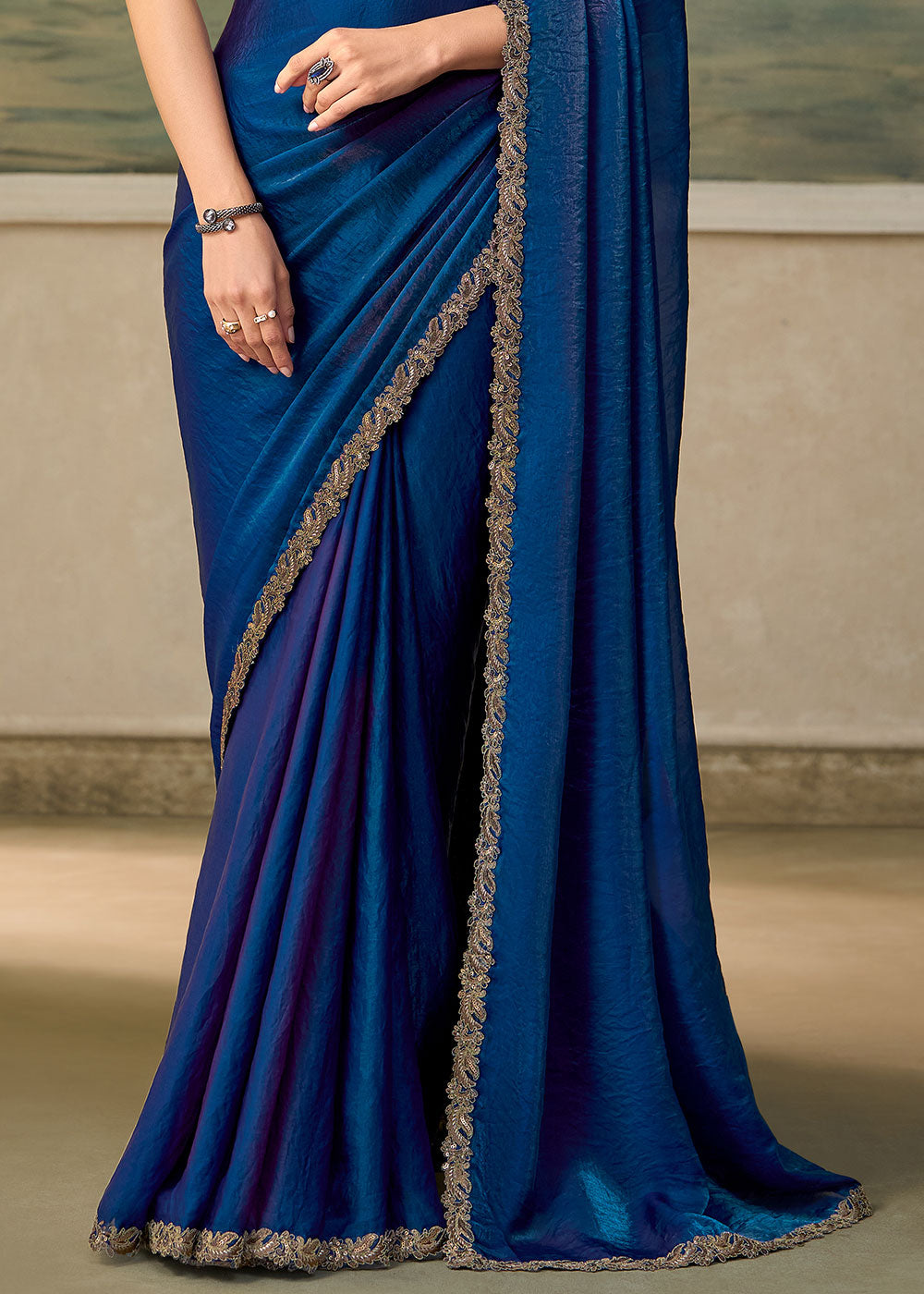Midnight Blue Satin Silk Saree with Shimmer-Embroidered Tussar Silk Blouse